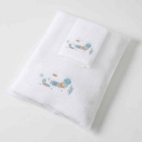 BABY BATH TOWEL & FACE WASHER SET LITTLE CRITTERS BLUE