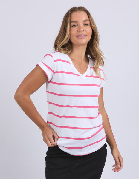 FOXWOOD - MANLY STRIPE VEE TEE HOT PINK
